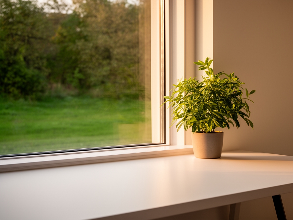 Clean minimalist workspace with a single plant beside a wide window overlooking green outdoor space, warm natural afternoon light