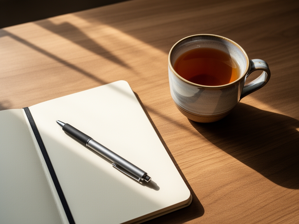 Overhead view of a morning desk setup with a journal, a pen, a ceramic cup of tea and morning light casting long shadows across the table