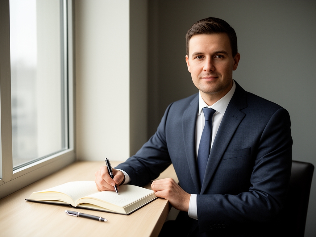 Quiet reading nook with an open notebook and uncapped pen resting on a light wooden surface beside a window with diffuse natural light