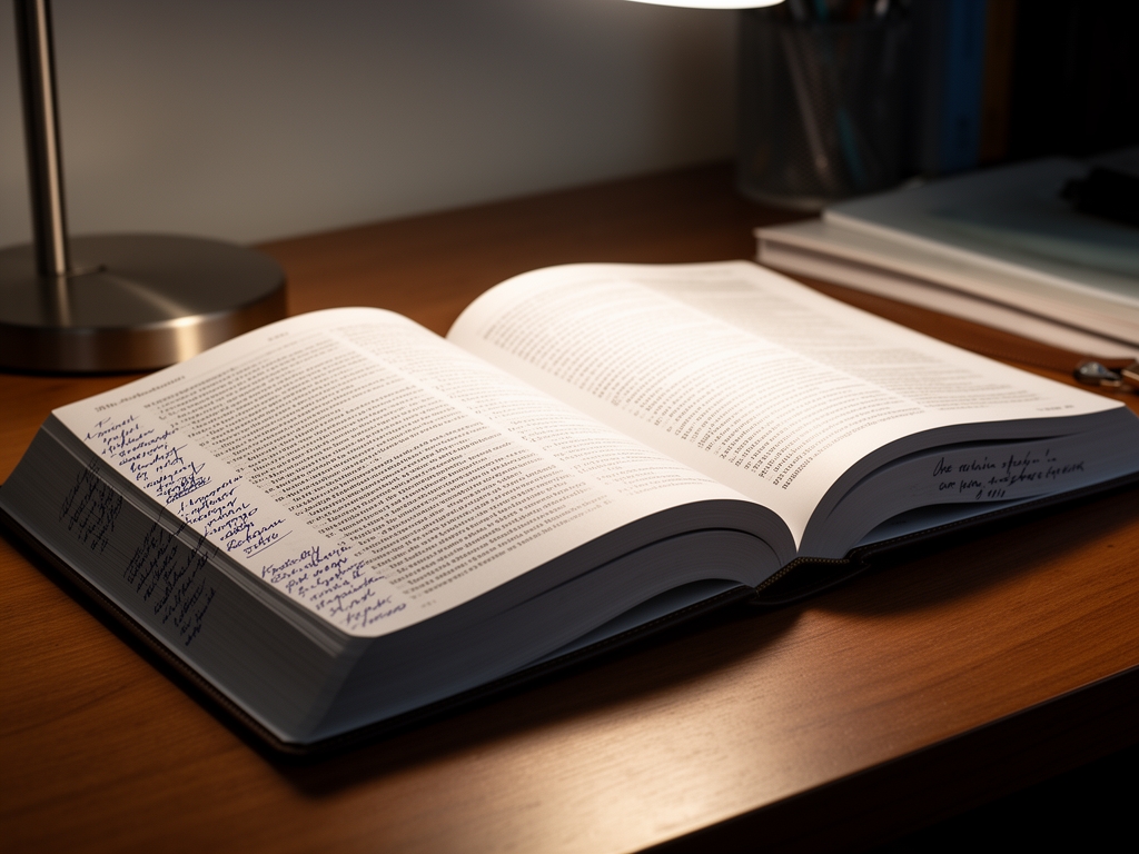 Close-up of an open academic book with handwritten notes in the margin resting on a wooden study desk in soft directional lamplight