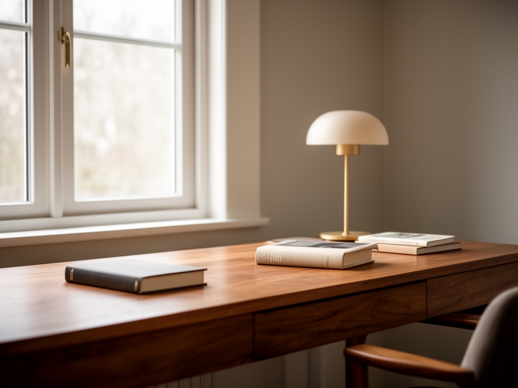 Calm, well-organised home study space with a wooden desk, natural light from a window, a few books and a simple lamp