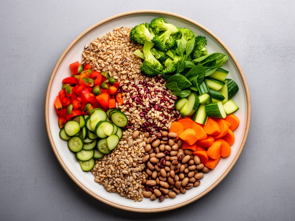 Top-down view of a balanced whole-food meal with varied vegetables, grains and legumes arranged naturally on a ceramic plate