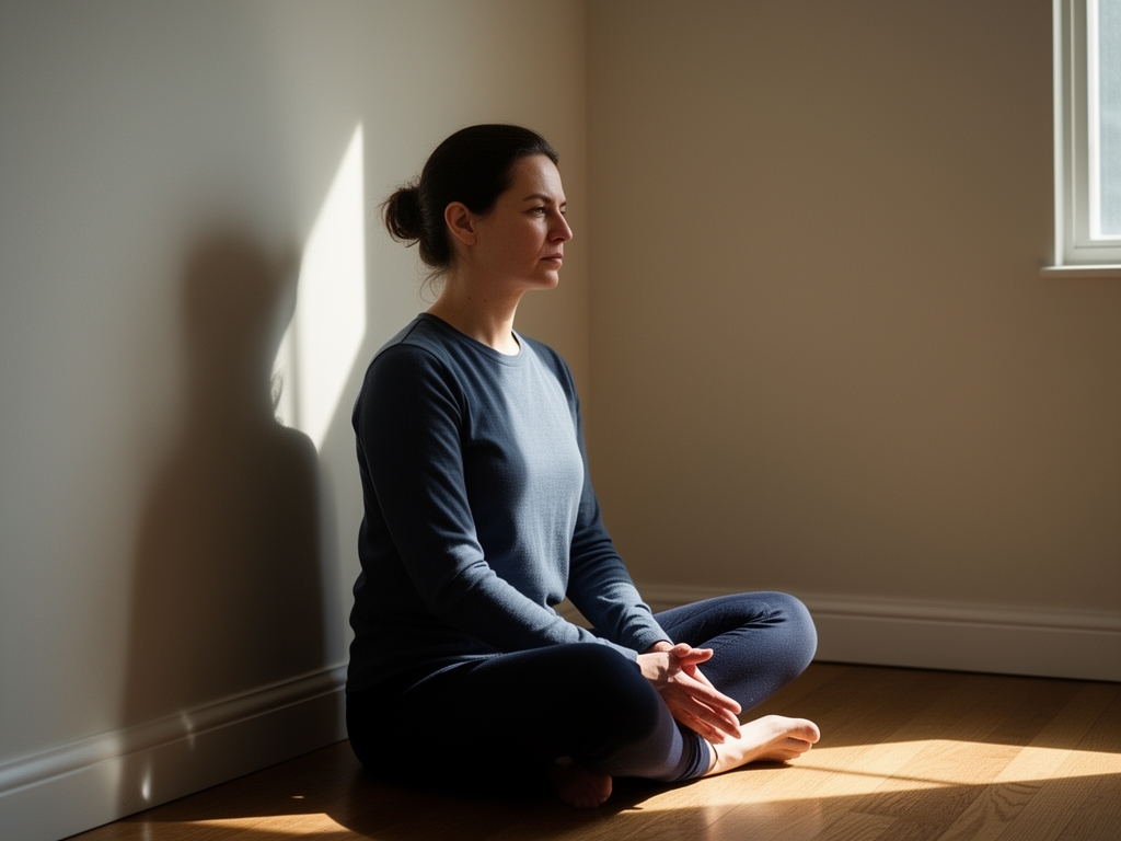 Person sitting peacefully in a quiet corner of a sunlit room with hands resting in lap in a reflective posture